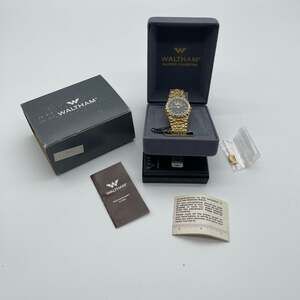 Vintage Waltham Diamond Collection Gold Tone Nugget Watch with Box and Papers